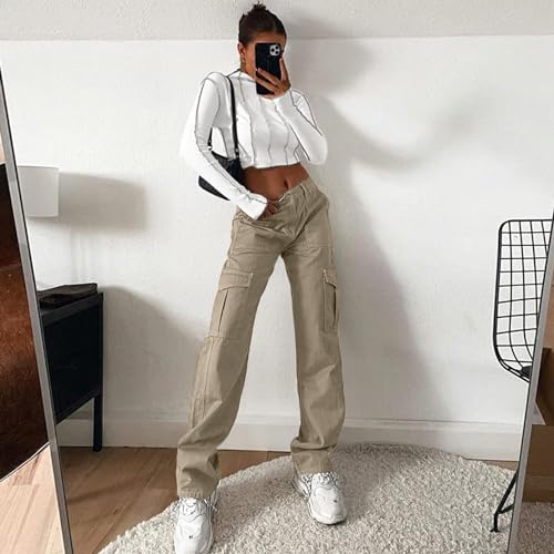 Image of Lepunuo Cargo Pants for Women High Waisted Casual Pants Baggy Stretchy Wide Leg Y2K Streetwear with 6 Pockets