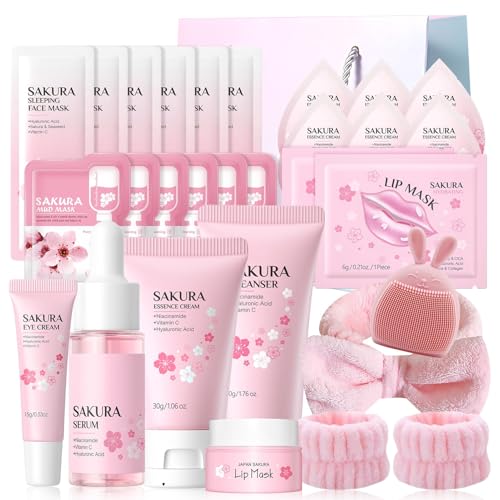 Sakura Sakura Gesichtspflege Set 27pcs Haut Tägliche Pflege Geschenkset für Frauen Reiniger Gesichtsserum Augencreme Lippenmaske Gesichtsmaske Sakura Skin Care Set Teenager Girls Gifts
