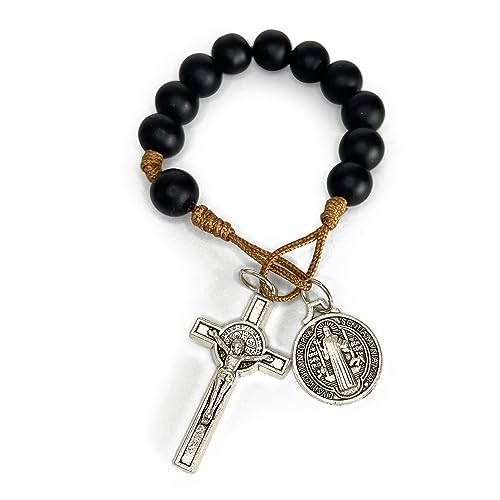 EZVFIRPDFZ Rosario de bolsillo de oración católica, medalla de San Benito, cuentas negras, San Benito Tenner, estilo abierto, rosario de una década
