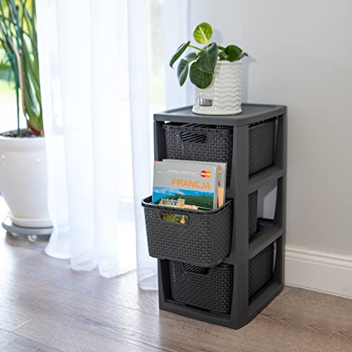 BranQ - Home essential 100% recycelt Kunststoff PP, Ökologisch, Regal in Rattan Design, Anthrazit, 3 Körben