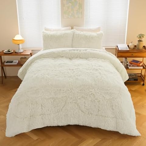 Auemtyn Queen Size Shaggy Comforter Set, Tie Dye Faux Fur Comforter Set with 2 Pillow Shams, Washable Luxury Plush Shaggy Flannel Velvet Furry Bedding Comforter Set(Queen,White) Cover
