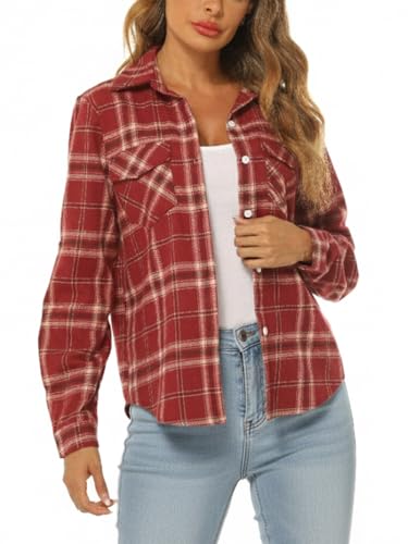 Famrrifuu Camisa de franela a cuadros para mujer, ligera, 100 % algodón, casual, con botones, manga larga, a cuadros, con bolsillos, Rosa y rojo., L