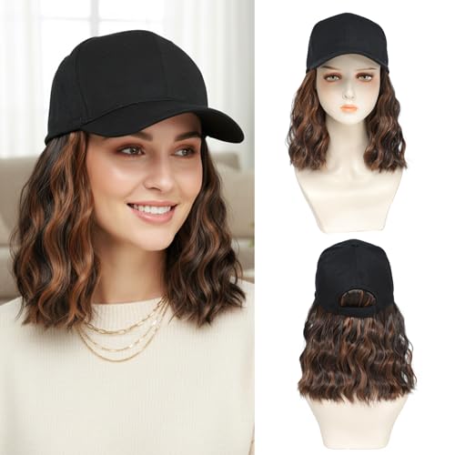 AliRobam Synthetic Wavy Wig Hat 14in Brown for Women