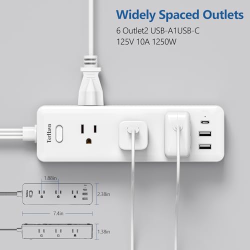 Extensión TerHavn YP39U con 9 tomas y 3 puertos USB, cable plano de 10 pies, protector de sobretensión, blanco miniatura 5