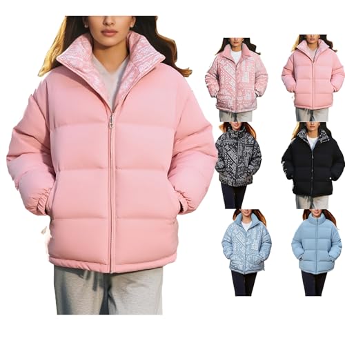 Cocila Quilted Reversible Jackets for Women Hooded Puffer Zipper Down Premium Winter Coat Ladies Padded Hoodie Top Plain Coats Lightweight Waterproof Jacket Pink M
