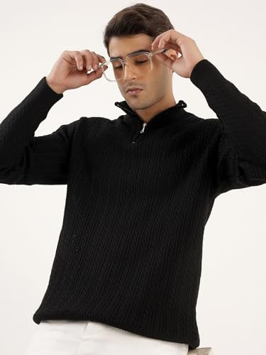 Image of Kvetoo Men's Full Sleeve High Neck Zipper Sweater| Warm Cable Knit Quarter Zip Pullover | Wool Winter Sweater for Casual & Office Wear