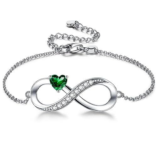 Image of ADVIOK Infinity Bracelet for Women, 925 Sterling Silver Bracelet with Green AAA Heart Cubic Zirconia Jewellery Gifts for Mum Girls Friend Girlfriend Friendship