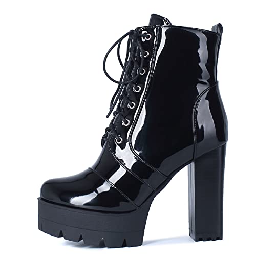 SHEMEE Women's Lace Up Chunky Heeled Platform Ankle Boots Patent Leather Block High Heels Side Zipper Booties Shoes2