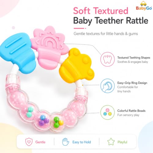 Image of BabyGo Baby Rattle Teether Toy | BPA-Free Silicone Chew Soother, Safe & Gentle on Gums | Soft Natural Gum Relief Toy for Infants | Early Learning Teether Hand Grip (Pack of 1, Multicolor)