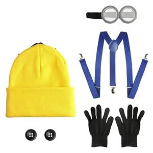 7 Set Halloween Kostüm Herren Damen Kinder, Cosplay Kostüme Halloween Mütze, Brille, Handschuhe, blaue Riemen & 2 Knöpfe, Gelbes Kostüm Set Zubehör für Cosplay Party Karneval Kostüme Erwachsene