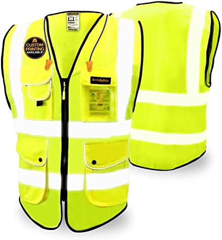 KwikSafety (Charlotte, NC SUPERIOR Safety Vest (9 POCKETS) Class 2 ANSI High Visibility Reflective Heavy Duty Mesh Zipper Hi Vis Construction Surveying Engineering Work HiViz Men | Yellow Large