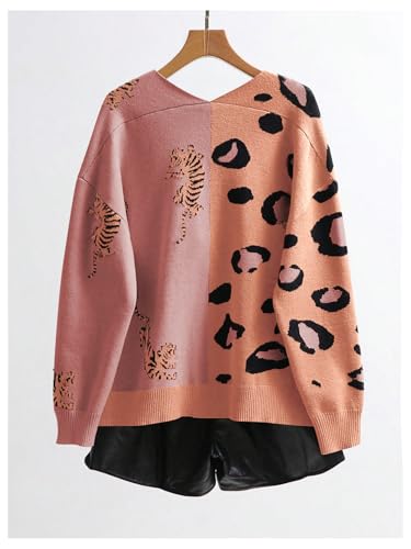 Image of WDIRARA Women's Leopard Tiger Print Cardigan V Neck Long Sleeve Color Block Button Down Sweater Outwear