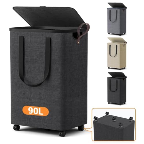 Laundry Basket with 5 Wheels, Rolling Laundry Hamper, 90L, Deep Gray - image 1