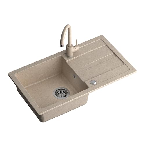 QUADRON Lavello da cucina in granito | Dimensioni 77 x 44 x 17,6 cm Beige | Lavello GO MAX in granito Lavello a vasca singola | Lavello da incasso con rubinetto da cucina