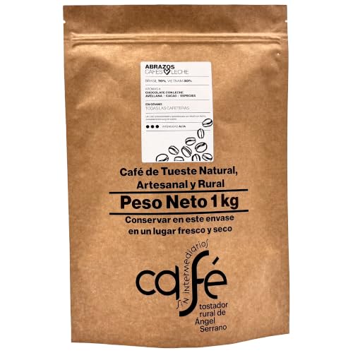 CAFÉ SIN INTERMEDIARIOS - Café de Brasil y Vietnam - Abrazos - Ideal para combinar con leche - Intensidad de sabor Alta - Recién tostado y envasado - 1 kg en GRANO para Todas las cafeteras