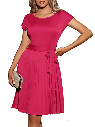 Oxiuly Women's Boat Neck Tunic Loose Casual Dress Elegant Church Wedding Pleated Party Cocktail Dresses Ox384 (L, Rose Red) #TOP29