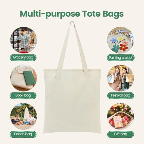 Carbrea 12 Pack Thin Canvas Tote Bags Bulk, Reusable Grocery Bags - Beige — view 6