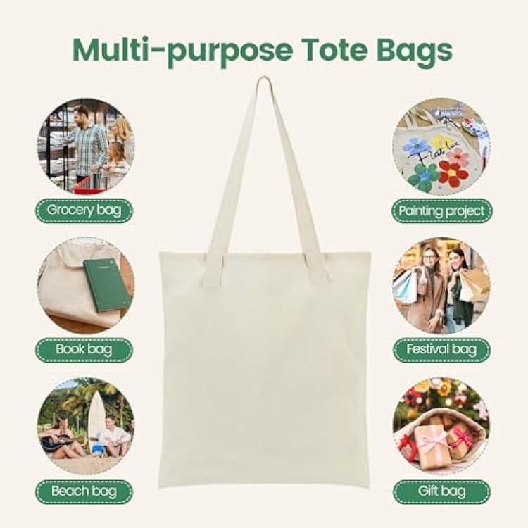 Carbrea 12 Pack Canvas Tote Bag - Lightweight Thin Tote Bags Bulk Blank Shopping Reusable Grocery Bags for DIY Gift Sublimation Activity - Beige