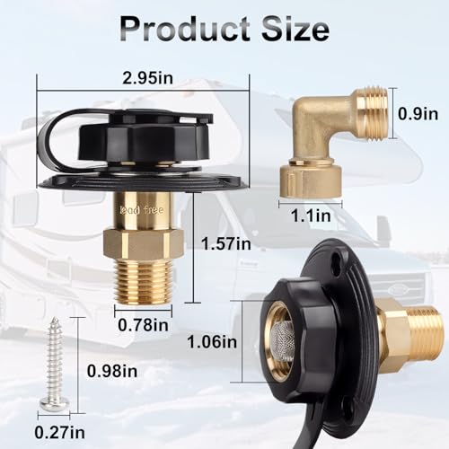 Image of RV City Water Inlet with Check Valve - RV Water Inlet Connection, RV Water Fill Inlet with 3 /4 inch NH Female to 1 /2 inch NPT Male, Ideal for RV, Travel Trailers, Camping, and Boats in Black (with Hose Elbow)