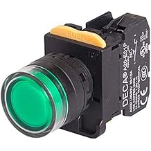 A20L-MF2E10Q4G, 22mm LED Illuminated momentary pushbutton Switch, Full Shroud Head, 1NO 10A 110V, Green LED 24V AC/DC