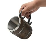 Wooden Barrel Beer Mug, Large Viking Cup Wood Style Beer Stein, Double Wall Stainless Steel Tankard Mug with Handle, Bar Restaurant Renaissance Accessories, Antique gifts for Men