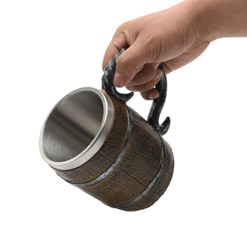 Large Viking Cup Wood Style Beer Stein with Handle, Retro Resin Whiskey Beer Mug, Bar Restaurant Renaissance Accessories, Bar Restaurant Renaissance Accessories(Vintage)