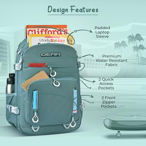 Image of Gear Street Style 19 inch /38L Large Water Resistant School Bag | Casual Backpack | Daypack | Travel Backpack | Kids Bag for Boys /Girls (Green - Grey)