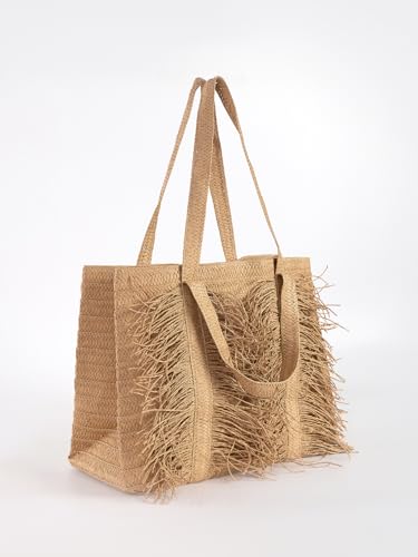 Woven Straw Tote Bag for Women, Fashion Summer Fringe Handbag with Tassel Large Beach Shoulder Bag Casual Purse3