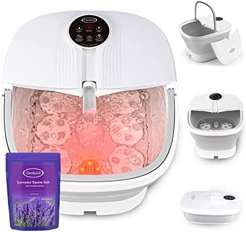 TimeRelish Motorized Foot Spa Bath Massager with Heat Bubbles and Vibration Massage, 16OZ Lavender Foot Soak Epsom Salt, Collapsible Foot Bath Bucket with 24 Auto Massage Balls, LED Screen,Remote