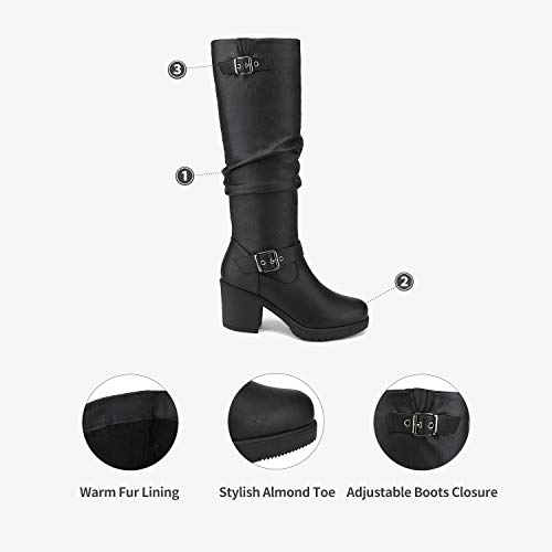 DREAM PAIRS Women's Chunky Heel Knee High Boots Side Zipper Round Toe Boots with Faux Fur Lining,Size 7.5,Black,CHAI-1