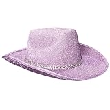 Sombrero de vaquero brillante tipo occidental con lentejuelas, sombrero de vaquero de fieltro Fedora accesorio de sombrero de vaquero ancho curvado de lentejuelas ala rosa blanco sombrero de vaquero
