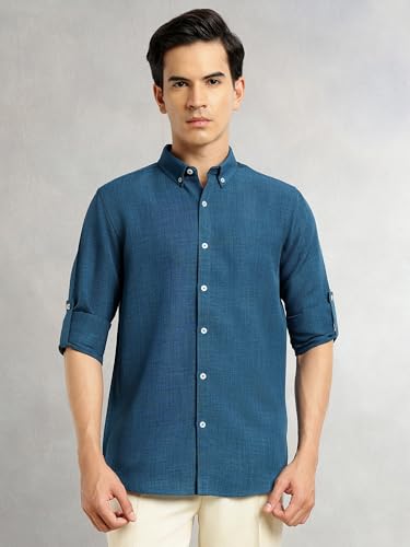 Image of Thomas Scott Men's | Solid | Textured Fabric | Full Sleeve | Slim Fit | Polyester-Blend | Spread Collar | Casual Shirt