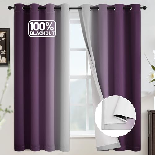 COSVIYA 100% Blackout Purple Ombre Curtains with White Back,W52xL63 Inch