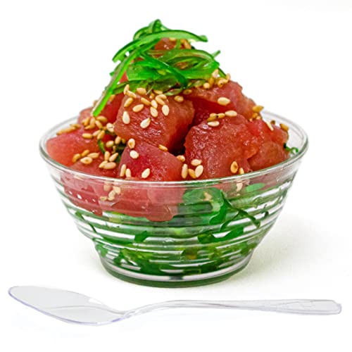 50 Pack 3 oz. Asian-Style Clear Mini Plastic Bowl With Spoons | Appetizer Bowls and Disposable Dessert Bowls | Professional-Grade Recyclable Mini Dessert Cup for Appetizers | CMJJ