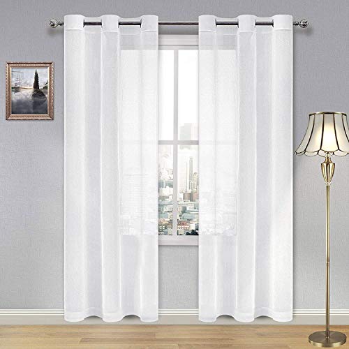 DWCN White Sheer Curtains for Living Room Bedroom - Faux Linen Look Voile Drapes Grommet Top Window Curtain Panel 46 x 84 inches Long, Set of 2 Panels