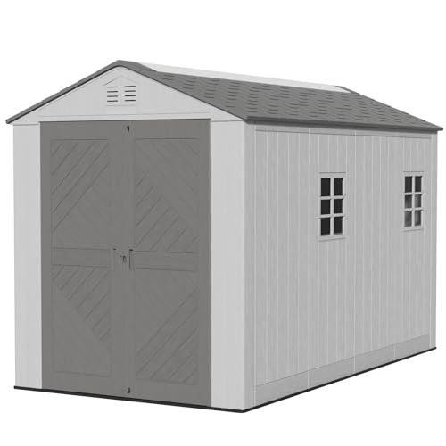 Mrosaa 6x11 FT Storage Shed with Floor,HDPE Resin Outdoor Storage Shed Weather Resistant,Lockable Garden Sheds with Windows for Home/Garden Tools/Backyard/Lawn Mower/Bike Storage(Gray)