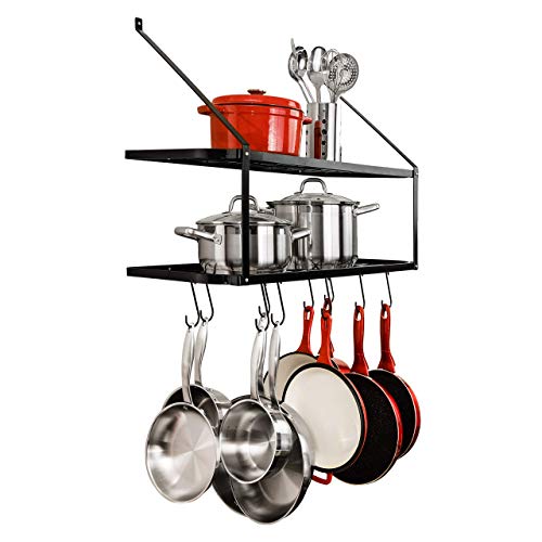 Heavy Duty Kitchen Wall Mounted Hanging Pot And Pan Rack Organizer With Ten Hooks | 2-Tiered Shelves For Kitchen Storage Organization, Bakers Rack, Cast Iron Skillets, Plants, Coffee Mugs (Black, 29") #TOP6