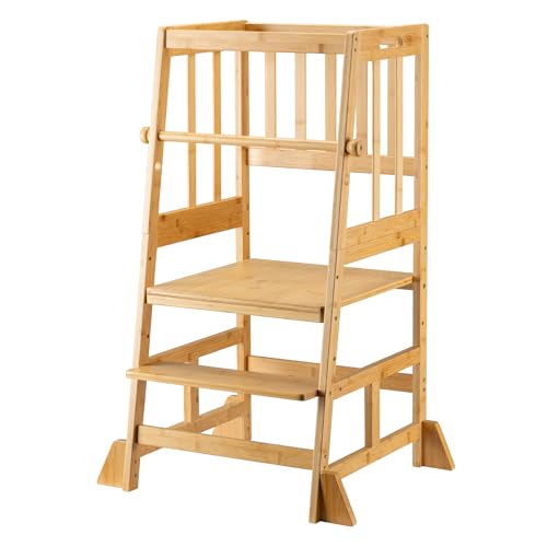 Wiltec Kinderstuhl Lernturm klappbar 43 x 48 x 91 cm aus Bambus, höhenverstellbarer Lernstuhl für Kinder, Stehturm mit Schutzgeländer