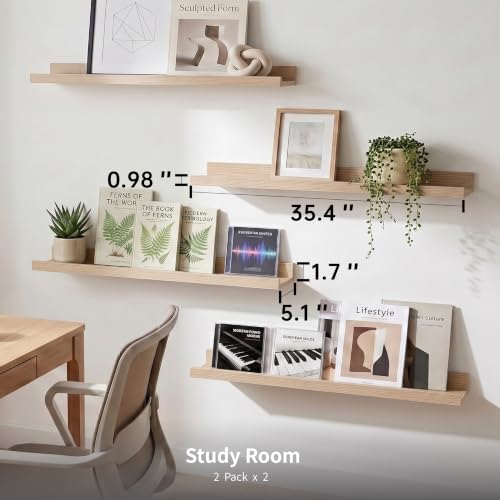 Modcraft 36 Inch Oak Floating Shelves with Lip, Extra Long Wall Mounted Picture Ledge, Large Rustic Farmhouse Wall Shelf for Gallery Wall & Living Room, Display Shelf for Photos Frames Books, Set of 2 — view 2