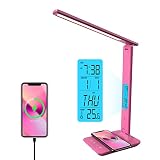 poukaran Desk Lamp, LED Desk Lamp with Wireless Charger, USB Charging Port, Table Lamp with Clock, A