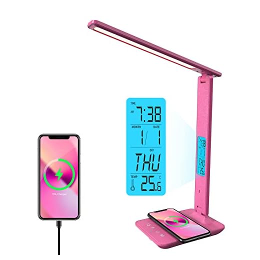 poukaran Desk Lamp, LED Desk Lamp with Wireless Charger, USB Charging Port, Table Lamp with Clock, Alarm, Date, Temperature, Office Lamp, Desk Lamps for Home Office, Pink