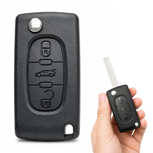 Carcasa Mando Llave De Coche 3 Botones Compatible con Citroën C2 C3 C4 C5 C6 C8 Picasso Xsara y Peugeot 207 307 407 408 - CE0536 - Botones de Abrir,Cerrar y Maletero,con zócalo de Pila