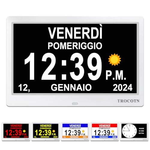 TROCOTN Grande orologio digitale per anziani, con calendario, grande display con allarmi personalizzati, orologio da parete con giorno e data, sveglia, orologio da scrivania (10 Pollici, Bianco)