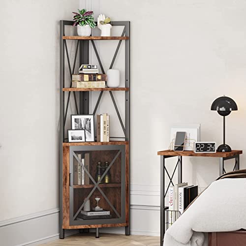 Jzm Corner Shelf 5-Tier With Storage, Rustic Corner Bookshelf Stand Storage Rack With Adjustable Board, Industrial Corner Plant Stand Shelves For Living Room Kitchen #TOP3
