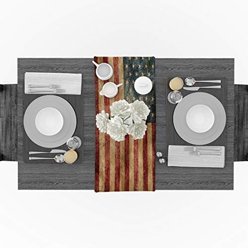 Greeeen Linen Burlap Table Runner, Us Flag Kitchen Table Runners For Family Dinner, Banquet, Parties And Celebrations, Vintage American Flag Table Decor, 14 X 72 Inch #TOP2
