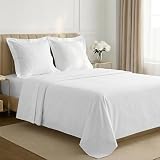 Pizuna Coton Peigné Parure de Lit 140x200 cm Blanc, 100% Coton Longue durée 400 Fils de Satin Comprend 1 Drap Housse, 1 Drap Plat, 2 Taie d'oreiller (Coton Draps 2 Personnes)