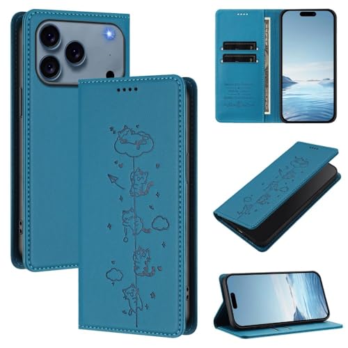 Portefeuille en cuir iPhone 17 Air bleu lac avec fermeture magnétique et motif chat élégant