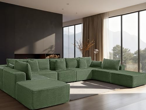 Image of 168 inch Cloud Sectional Couch, Comfort U Shaped Sofa for Living Room, Extra Deep Seats No Assembly, Minimalist Modular Couch, Corduroy (Olive Green, 9 Seats,U-Shape A)