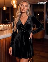 LEACOOLKEY Damen Abendkleid Langarm Samtkleid Partykleid Knielang Cocktailkleid Schwarz L – Ansicht 2