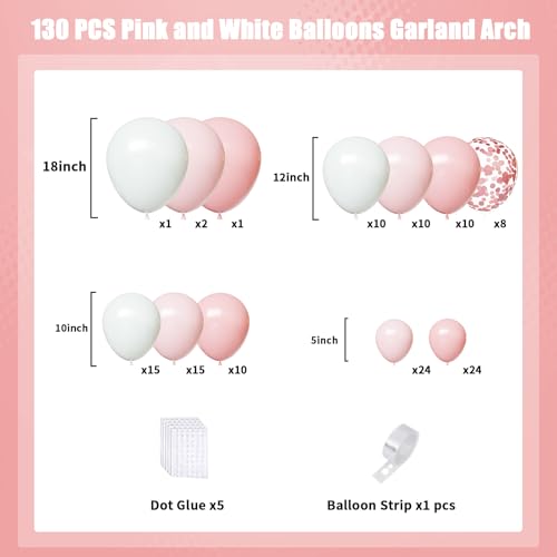 Image of Pink and White Balloons Arch Kit,130pcs Light Pink Balloons Different Sizes White Latex Balloons for Wedding,Baby Shower,Gender Reveal,Birthday,Valentine's Day Decorations